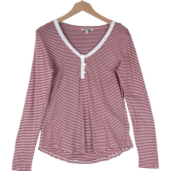 Lucky Brand Striped Lace Trim Henley Long Sleeve Top L - Picture 1 of 7